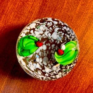 Vintage Heavy Glass Round Ladybugs And Leaves Paperweight.